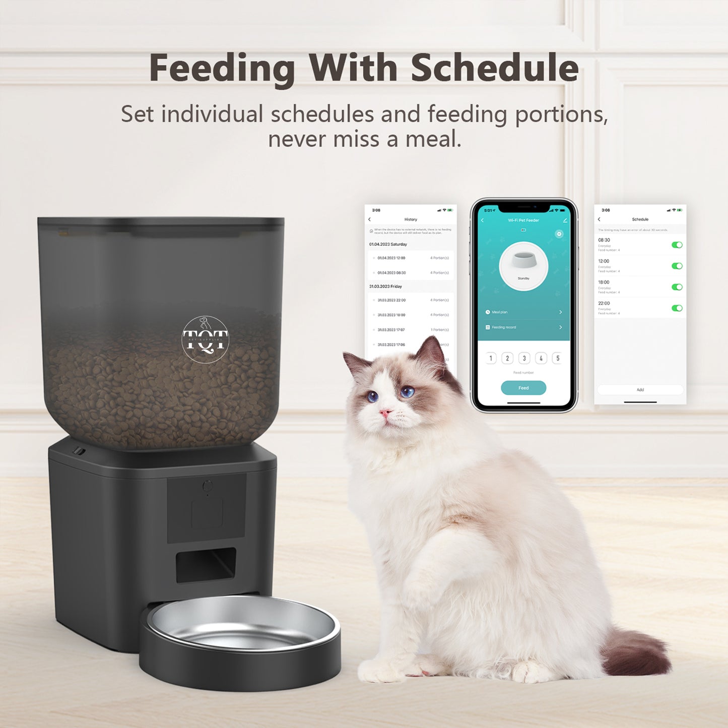 TQT Automatic Cat Food Dispenser, WiFi Pet Feeder with Freshness Preservation, Timed Cat Feeders for Dry Food, Up to 20 Portions 10 Meals Per Day