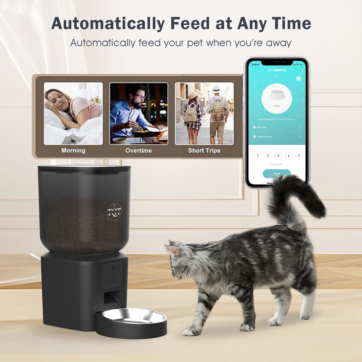 TQT Automatic Cat Food Dispenser, WiFi Pet Feeder with Freshness Preservation, Timed Cat Feeders for Dry Food, Up to 20 Portions 10 Meals Per Day