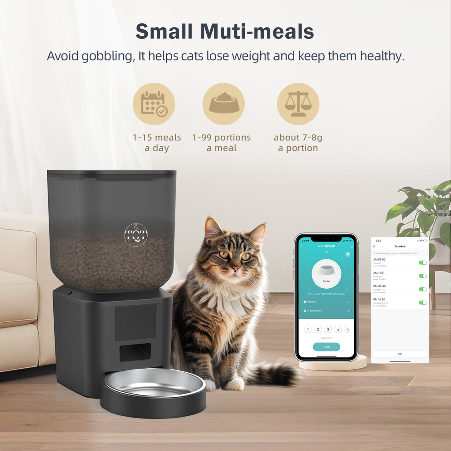 TQT Automatic Cat Food Dispenser, WiFi Pet Feeder with Freshness Preservation, Timed Cat Feeders for Dry Food, Up to 20 Portions 10 Meals Per Day