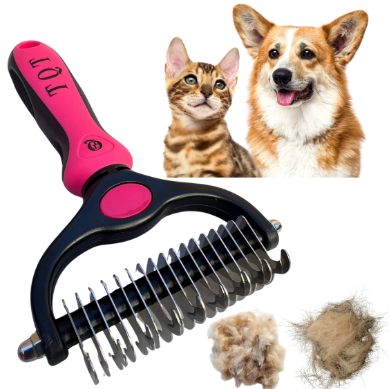 TQT Pet Grooming Brush-Double Sided Shedding and Dematting Undercoat Rake Comb for Dogs and Cats, No More Nasty Shedding or Flying Hair