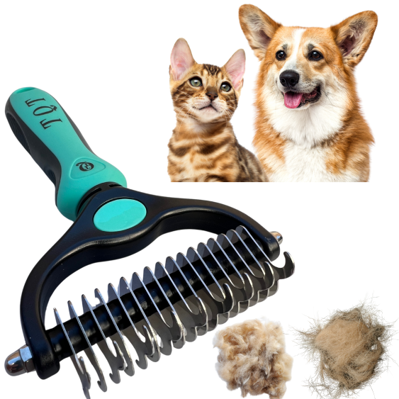 TQT Pet Grooming Brush-Double Sided Shedding and Dematting Undercoat Rake Comb for Dogs and Cats, No More Nasty Shedding or Flying Hair