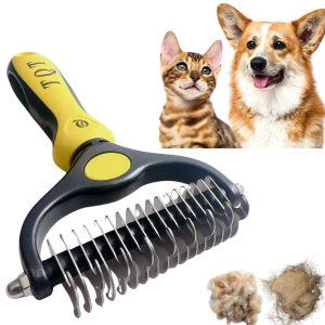 TQT Pet Grooming Brush-Double Sided Shedding and Dematting Undercoat Rake Comb for Dogs and Cats, No More Nasty Shedding or Flying Hair