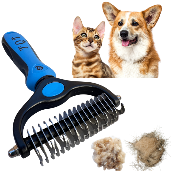 TQT Pet Grooming Brush-Double Sided Shedding and Dematting Undercoat Rake Comb for Dogs and Cats, No More Nasty Shedding or Flying Hair