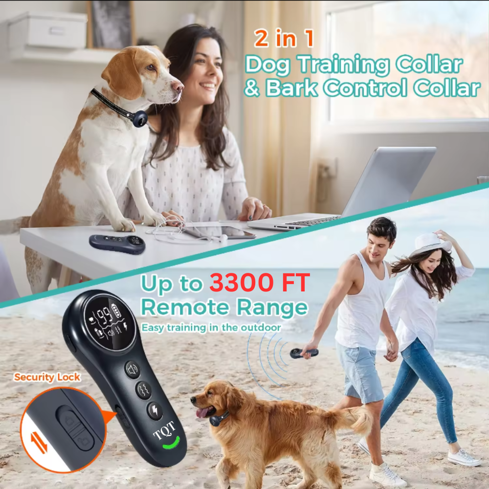 TQT 2-in-1 Dog Shock Collar & Dog Bark Collar - Smart Anti Barking Dog Training Collar with 5 Adjustable Sensitivity & 3300FT Remote for All Breeds