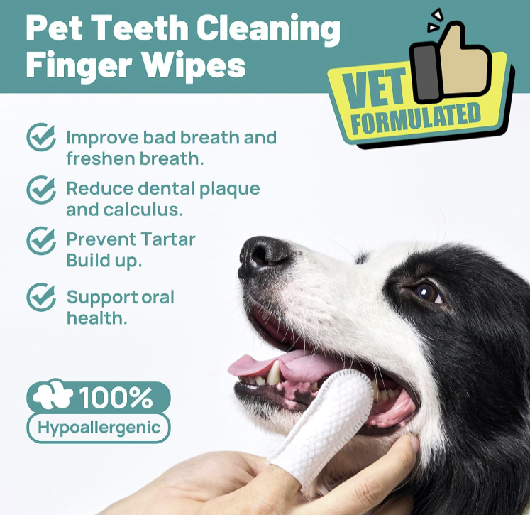 TQT Pet Dental Care Wipes - Cat & Dog Teeth Cleaning Finger Wipes - Reduces Plaque & Freshens Breath - 50 Pcs Reducing Plaque & Freshening Breath